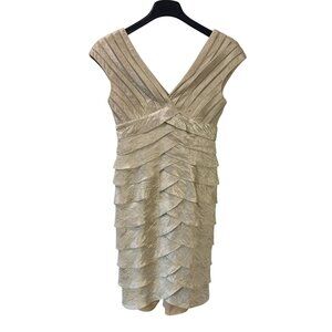 Cache Metallic Gold Tiered Sleeveless V-Neck Sheath Cocktail Dress Size 8
